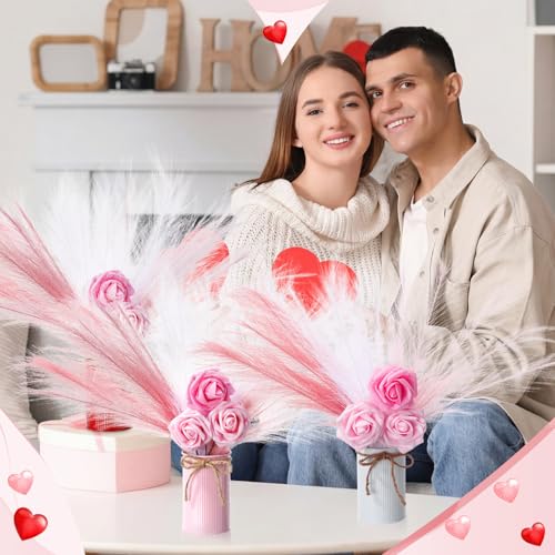 Zeyune 3 Sets Pampas Grass and Rose Table Centerpiece Set, 3 Metal Bud Vases with 18 Pcs Faux Pampas Stems and Roses for Wedding, Bridal Shower, Anniversary Dinner, Home Table Decor - color: 3 Colors, size: Pampas Grass and Rose