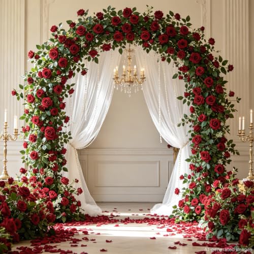 2 Pack 11.2 Ft Artificial Flower Garland with White Roses, Realistic Fake Greenery Vines with 17 Roses Flowers for Wedding Table Centerpieces Arch Party Ceremony Backdrop Decor (Dark Red) - color: Dark Red