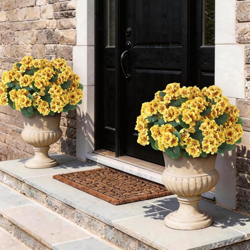 GLIDLION 12 Bundles Artificial Geranium Flowers for Spring Summer Decor, UV-Resistant Fake Plants Realistic Faux Silk Bouquets for Front Door Farmhouse Garden Porch Home Outdoor Decor (Yellow) - color: Yellow