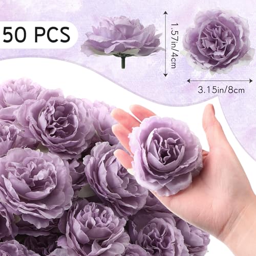 Thiccywoov 50 Pcs Artificial Flowers, 3.2 Inches Silk Rose Head Flowers Fake No Stem for Wedding Bridal Bouquet Home Floral Decor DIY Centerpieces Arrangements Party Tables Decoration(Purple) - color: Purple