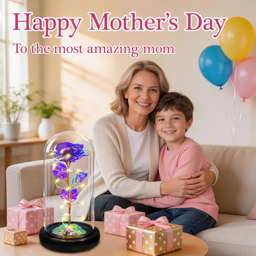 Childom Mothers Day Mom Gifts for Mom,Birthday Gifts for Women Moms Grandma,Flowers for Delivery Prime,Purple Light Up Rose in A Glass Dome,Anniversary Valentines Roses Gift for Her Wife Daughter - color: Purple Large