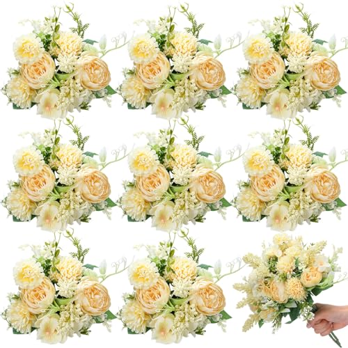 Zeyune 8 Pcs 13.4 Inch Artificial Flowers Bouquet Fake Silk Flowers Faux Bouquet Hydrangea Bouquets for Wedding Birthday Table Centerpieces Home Office Decoration (Peony,Champagne) - color: Champagne, size: Peony