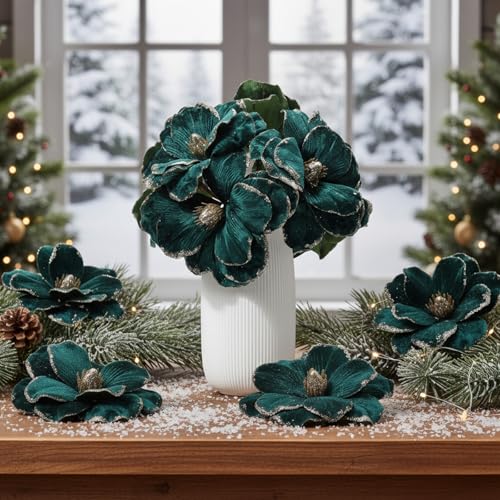 18 Pcs Large Velvet Christmas Poinsettia Magnolia Flowers Ornaments Glitter Big Heads Artificial Magnolia Flowers for Decoration Wedding Decor Supplies(Dark Green) - color: Dark Green