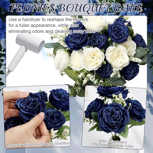 Peonies Artificial Flowers Bulk, 12 Bundles Fake Silk Peonies Faux Eucalyptus Bouquet Realistic Peony Floral Arrangement for Wedding Table Centerpiece Vase Decor (Royal Blue & White) - color: Royal Blue & White