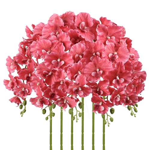 6PCS Long Stem Orchids Artificial Flowers 36" Artificial Phalaenopsis Flowers Silk Faux Orchid for Wedding Party Office Home Décor(Rose Red) - color: Rose Red