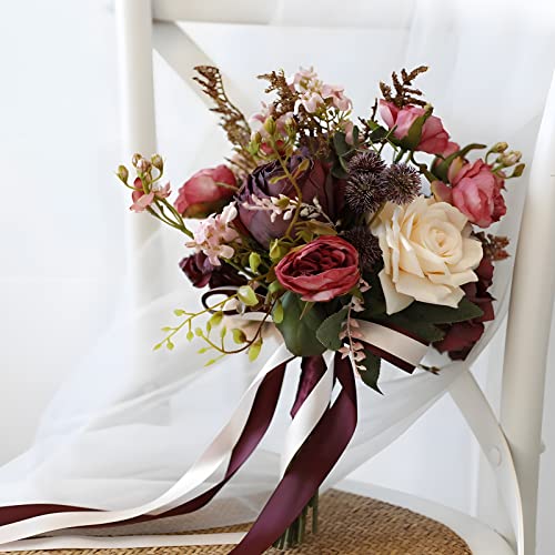 Artificial Wedding Bouquet for Brides Bridesmaid Holding Flower with Greenery Artificial Fabric Rose Wedding Flower Bridal Toss (Vintage Rose) - color: Vintage Rose