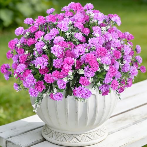 Ammyoo Artificial Flowers for Outdoors Decoration, 6 Bundles Silk Marigold Flower UV Resistant Look Real Faux Plants for Garden Porch Planter Patio Balcony Yard Home Decor (Double Purple) - color: Double Purple