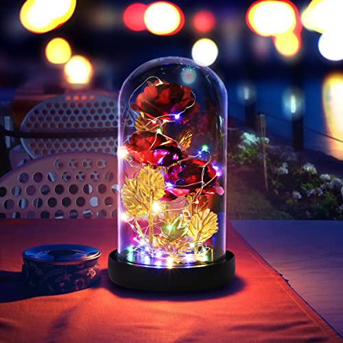 Valentine's Day Gifts for her, Eternal Rose in Glass Dome - Beauty and The Beast Inspired Keepsake, Gifts for Mom/Wife/Grandma, Preserved Roses with LED Light for Birthday/Anniversary - color: Red