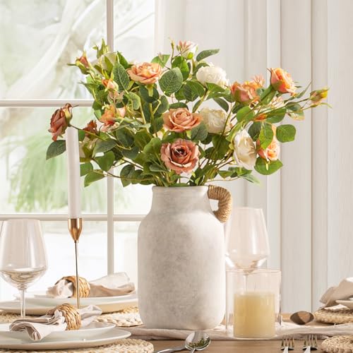 Ceramic Flower Vase Home Decor - 10.6 inch Tall Large White Rustic Table Flowers Vases with Handle Living Room Bedroom Plant Decoration Farmhouse Vintage for Kitchen Shelf Office Coffee Dining Desk - color: C-10.6" Plus-with Hemp Rope