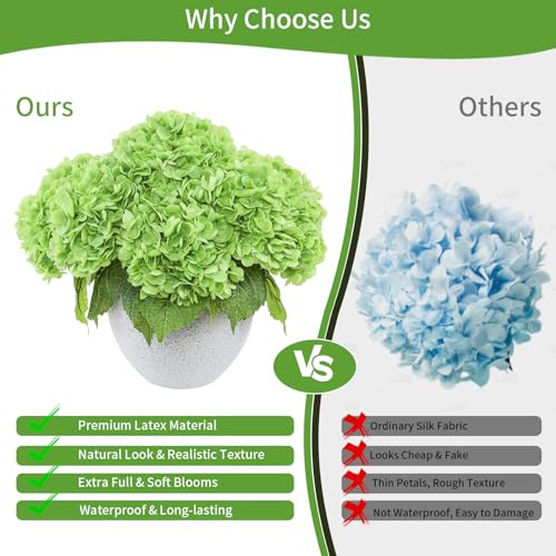 LFF 3Pcs Green Hydrangea Artificial Flowers, 8.66" Large Real-Touch Latex Blooms with 22" Long Stems, Faux Hydrangea for Outdoor Planter Indoor Home Table Centerpieces Wedding Decor Bouquets - color: Dark Green