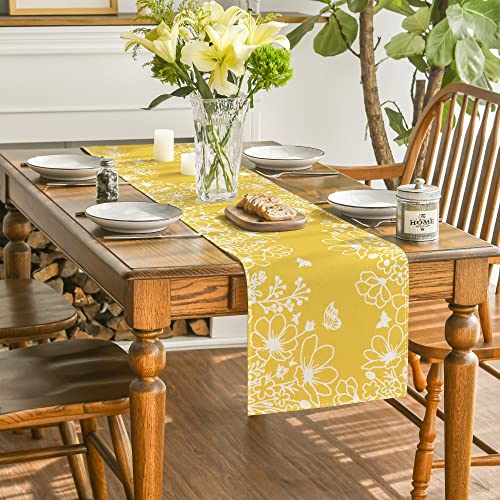 Artoid Mode Yellow Bloom Flowers Butterfly Spring Table Runner, Seasonal Holiday Kitchen Dining Table Decoration for Home Party Indoor 13x72 Inch - color: Yellow, size: 13" x 72", Table Runner