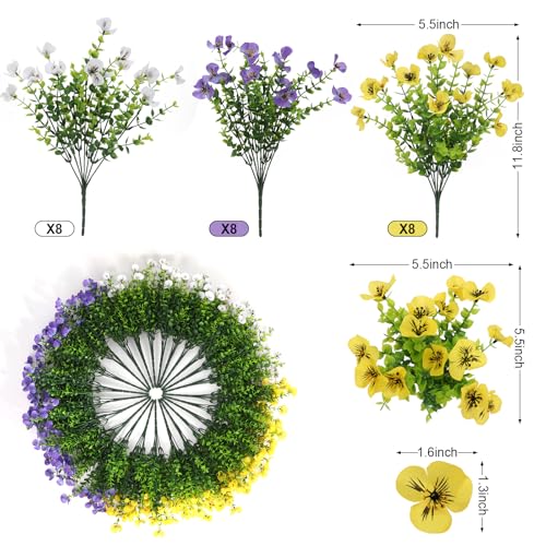 Geegoods Artificial Flowers for Outdoor, UV Resistant Faux Silk Pansy Flowers with Butterfly Accents, Realistic Fake Plants for Planters, Window Boxes & Grave Decor (Mix 3 Colors, 24Pcs) - color: Purple White Yellow, size: 24PCS