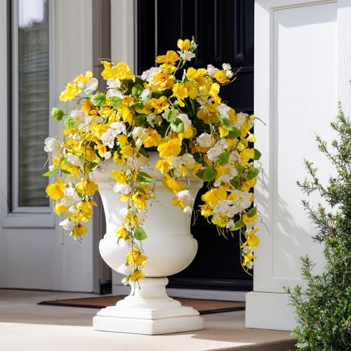 Hibiscus Artificial Hanging Flowers Plants for Outdoors 4 Pcs Fake Flower Faux Silk Hibiscus Long Trailing Vines Realistic Flower for Front Door Porch Patio Balcony Garden Yard (4 Pcs Yellow+White) - color: 4 Pcs Yellow+white