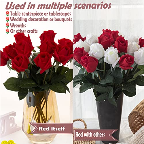 12pcs Half Opened Artificial Rose Buds,17 Inch Real Touch Silk Roses with Partially Opened Flowers, Artificial Flower for Home Décor Centerpiece Wedding Bouquet,Red - color: Red