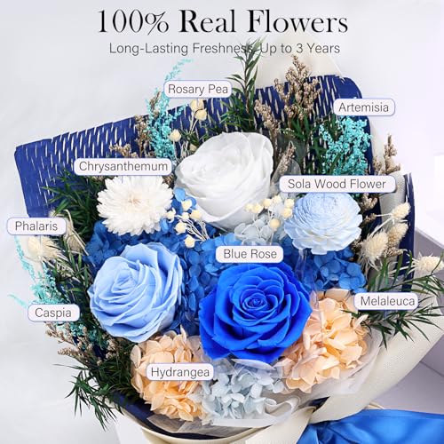 Preserved Flowers Bouquet - Forever Flowers for Delivery, Real Eternal Roses Bouquet, Mothers Day Gifts for Mom Grandma Wife, Anniversary Birthday Gifts for Women, Blue - color: Blue