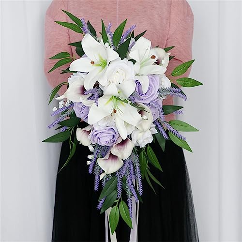 Wedding Bouquet for Bride, White Calla Lily Purple Rose Water Drop Waterfall Romantic Wedding Bouquets Flowers Cascading Bridal Bouquets for Wedding Ceremony and Anniversary Party Home Decor, C - color: Calla Lily Bouquet C