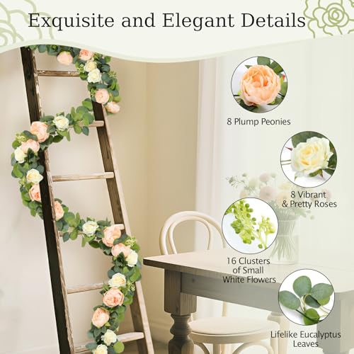 Lewondr Artificial Eucalyptus Garland with Flower - 8 Rose 8 Peony, 2Pcs 13FT Faux Floral Greenery Garlands Fake Flowers Vines, Maintenance-Free for Table Backdrop Party Room Decor, Mixed Champagne - color: Champagne, size: 2 Pack