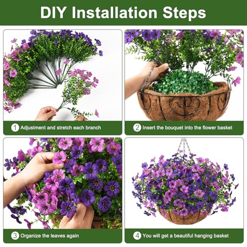Artificial Faux Hanging Baskets Flowers Plants for Outdoor Spring Decoration, Fake Silk Daisy Outside Indoor UV Resistant Look Real Yard Patio Front Porch Garden Balcony Home Decor(Double Purple) - color: Double Purple