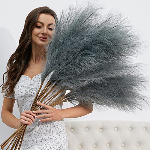 FOTEEWL 8 PCS Faux Pampas Grass Decor 38"/3.1FT Tall Fake Pompas Floral Large Artificial Pompous Grass Branches Plants for Floor Vase Filler Home Boho Decor (Grey) - color: Grey