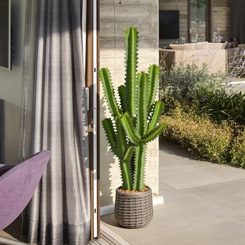 Artificial Cactus Plants, 4ft Tall UV-Resistant Fake Desert Cacti Plant in Brown Pot, Faux Floor Plants for Home Office Hotel Patio Balcony or Garden Indoor Outdoor Decor - size: 49"