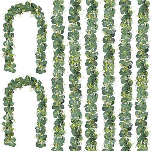 CQURE 8Pcs Eucalyptus Garland,Artificial Eucalyptus Leaves Table Greenery Garland Wreath Vines for Wedding Party Table Bedroom Wall Decor - size: 47.2 Ft with Flowers