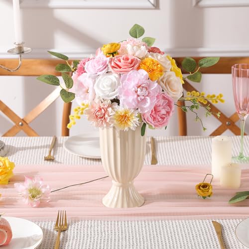 Garisey Artificial Flowers Combo, Mix Silk Flowers Roses, Peonies, Dahlias with Stems for DIY Wedding Bridal Bouquet, Baby Shower, Table Centerpieces, Home Decor, Floral Arrangements-Pink Yellow - color: Pink Yellow