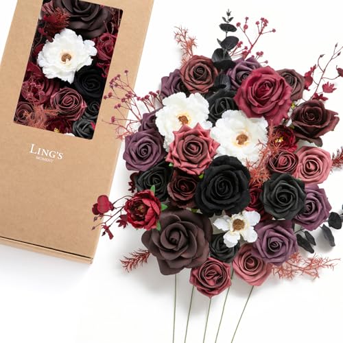 Ling's moment Fake Flowers Box, Faux Artificial Greenery Stems Foam Roses Peonies Silk Eucalyptus Leaves Fabic Flower for Centerpieces Bouquet Wedding Vase Decorations, Burgundy & Black, Deluxe Combo - color: Red-burgundy & Black, size: Deluxe