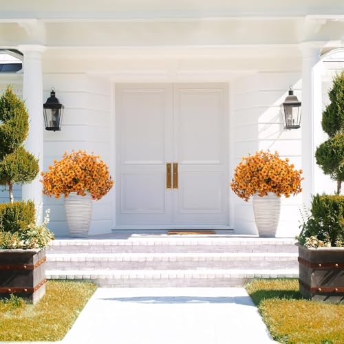Grunyia 16 Bundles Artificial Fall Flowers UV Resistant Faux Greenery, All Weather Outdoor Autumn Decor for Thanksgiving Christmas Wedding Home Garden Fireplace Party Décor (Fall Orange Yellow) - color: Fall Orange Yellow