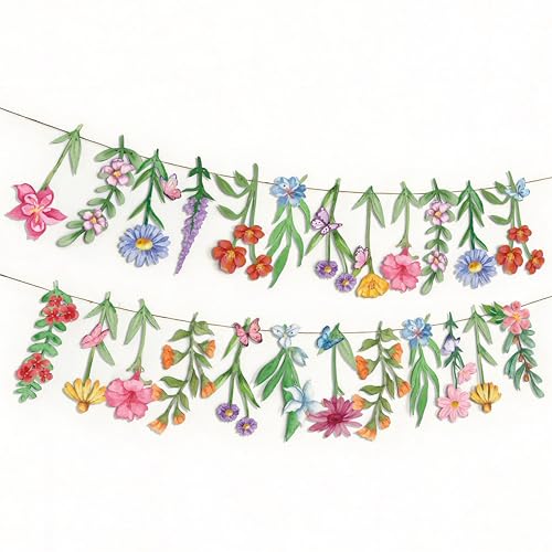 2Pcs Spring Wildflower Party Hanging Decorations, Watercolor Floral Banners Spring Wildflower Cutouts Garland Backdrop for Spring Summer Girls Garden Birthday Wedding Party Decor Supplies, 9.8Ft