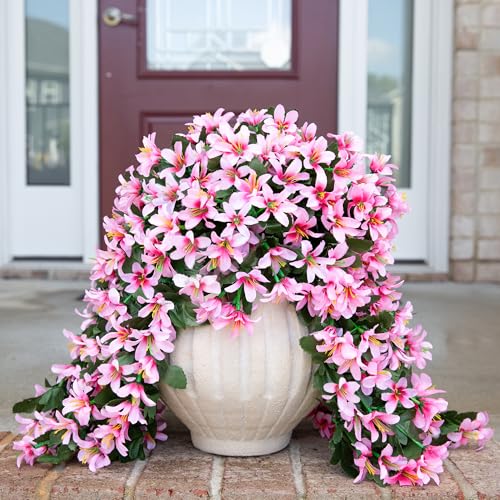 Ivydale Artificial Lily Flowers for Outdoors Fake Hanging Flower Vines for Outside Decoration, UV Resistant 2PCS Faux Plants for Patio Porch Balcony Garden Yard, Pink - color: Pink