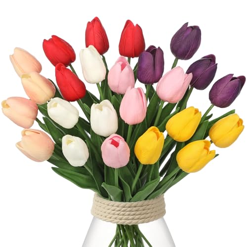 24 Pcs Artificial Tulips Flowers Mixcolor Real Touch Fake Tulips Fake Flowers for Mother's Day 13.5" Faux Tulips Faux Flowers Bulk Artificial Tulips Flowers for Vase Centerpieces Home Wedding Bouquet - color: Mixcolor Style6 #24