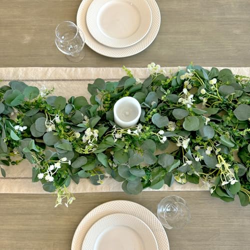 CQURE 8Pcs Eucalyptus Garland,Artificial Eucalyptus Leaves Table Greenery Garland Wreath Vines for Wedding Party Table Bedroom Wall Decor - size: 47.2 Ft with Flowers