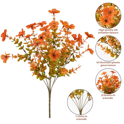 Lnoicy 20 Bundles Artificial Fake Mums for Outdoor Fake Plants for Autumn Decoration,Faux Eucalyptus Flowers for Planter UV Resistant Lifelike for Home Porch Garden (Fall Orange) - color: Fall Orange