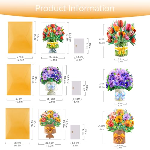 Pop Up Flower Cards 3 Pack — 3D Floral Bouquet Pop Up Cards for Mom - Mothers Day Card, Birthday Card for Women, Get Well Card with Envelope - Tulip Sunflower Violet Paper Flower Bouquets - style: Tulip Sunflower Violet