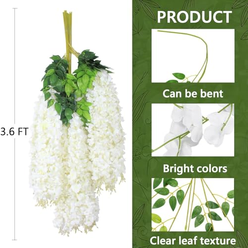 12Pcs Artificial Wisteria Flowers 3.6 Feet/Piece White Dense Artificial Fake Wisteria Vine Ratta Hanging Garland Silk Flowers String Home Party Wedding Decor(White-Dense) - color: White-dense, size: 12 PCS