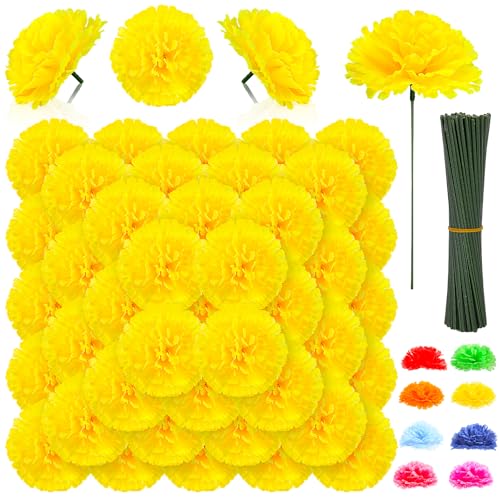 108pcs Carnation Head Flowers with Stem, Yellow Artificial Flowers Carnations, 3.5" Silk Carnation Fake Flower for Funeral Arrangements Wedding Bouquets Centerpieces Cemetery Wreaths Grad Party Decor - color: Yellow