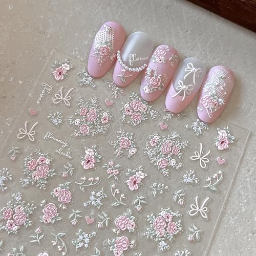 Pink Flower Nail Stickers Spring 5D Floral Nail Decals 1PCS Embossed Flowers Bouquet Bow Design Summer Adhesive Decals Nail Art Supplies for Women Manicure Decor - style: Style1-Pink Flower