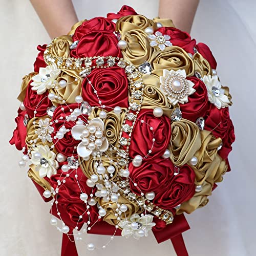 Bridal Wedding Bouquet with Rhinestone Brooch Pearl Bouquet for Bride Bridesmaid Quinceanera Satin Rose Flower Bouquet Wedding Burgundy and Gold 8.7in - color: Burgundy and Gold (Standard Size: Dia.8.7")