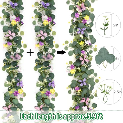 Waipfaru 4Pcs Eucalyptus Garland with Daisy 3D Butterfly, Green Garland with Flowers, 5.9FT Artificial Faux Eucalyptus Leaves Vines for Table Mantle Home Wedding Party Indoor Outdoor Decor - color: Butterfly Eucalyptus, size: 4Pcs
