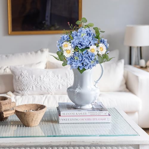 Hydrangea Artificial Flowers, 12PCS Mixed Blue Faux Flowers with Hydrangea & Daisies, Up to 16.1 Inch Long Silk Fake Flowers for Vase DIY Wedding Bouquet Party Centerpieces Arrangement Home Decor - color: Hydrangea, Blue