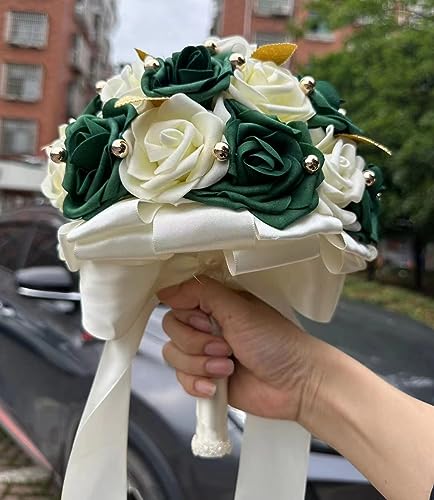 Handmade Wedding Bouquet Artificial PE Rose Bridal Bridesmaid Bouquet with Soft Ribbons Wedding Hand Holding Bouquet Artificial Fake Flowers Toss Bouquet(A-Emerald Green & Ivory, 6.7"/17cm) - color: A-emerald Green & Ivory, size: 6.7"/17cm