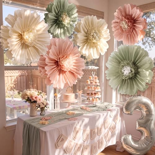 Giegxin 6 Pcs 31.5", 24" Pink and Sage Green Giant Paper Flowers Big Boho Sage Green Crepe Paper Flowers for Wall Decorations Wedding Baby Shower Birthday Bridal Shower Backdrop Classroom Party Decor - color: Pink,Green,White, size: 31.5", 24"