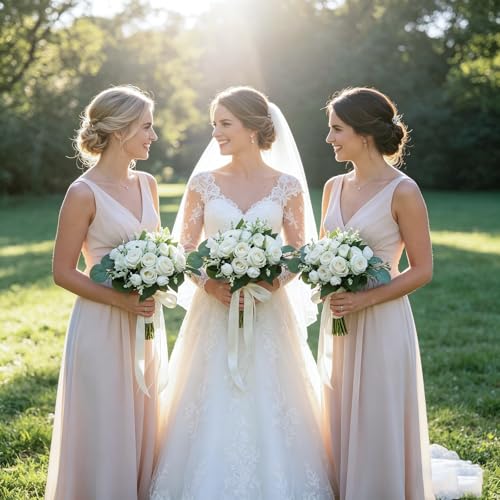 Artificial Bridesmaid Bouquets Set of 8 - Ivory White 9 Inch Various Flower Bouquet for Wedding Party Ceremony Anniversary Dinning Table Centerpieces Decor Faux (Rose with Ribbon) - color: All Small Rose