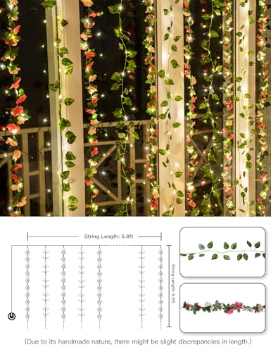 suddus 300 LED Artificial Flower Garland Pothos Vines Curtain Lights, Rose Vines Fairy Lights for Bedroom, Hanging String Lights for Wall, Room, Dorm, Wedding, Party, Indoor Decor 6.8ft x 6.5ft - color: Flower&Pothos, size: Plug In-300Led
