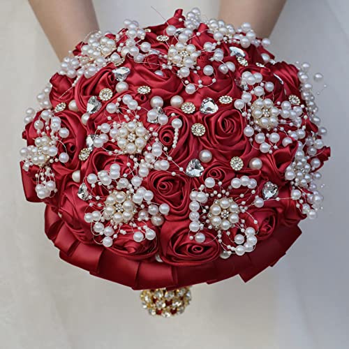 Burgundy Bridal Wedding Bouquet with Rhinestone Brooch Pearl Bouquet for Bride Bridesmaid Quinceanera Satin Red Rose Flower Bouquet Wedding Burgundy 8.7in - color: Burgundy (Standard Size: Dia.8.7")