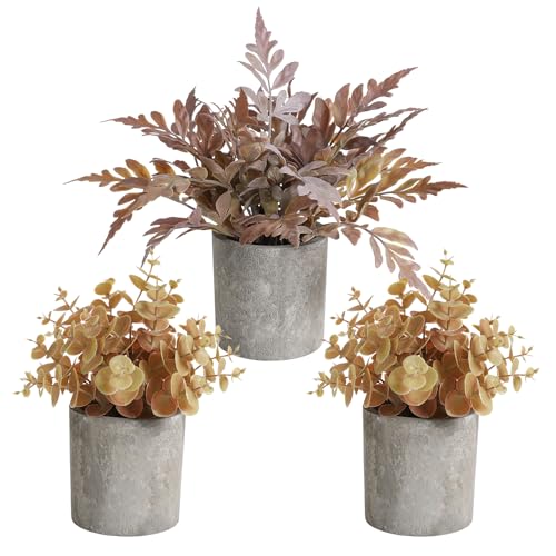 3 Pack Mini Fall Fake Potted Plants Artificial Plastic Eucalyptus Plants Fall Decor for Home, Office, Desk, Bathroom, Coffee Table & Shelf - color: Taro Purple