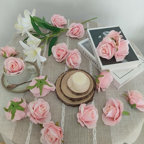 ATFL Artificial Satin Rose Flower Heads,42 Pcs Silk Rose Heads with Stems,3.5'' Rose Artificial Flowers Bulk,Artificial Rose Flower Heads for DIY Crafts Bouquet (42, Light Pink) - color: Light Pink