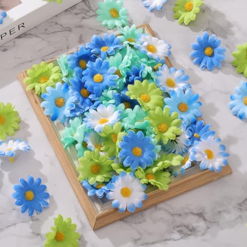 uxcell 100pcs Artificial Daisies Flower Heads,1.6" Silk Fake Daisies Heads Mini Daisies Artificial Flowers Bulk for DIY Wedding Bouquets Centerpieces Party Home Decorations, Blue/Orange - color: Blue