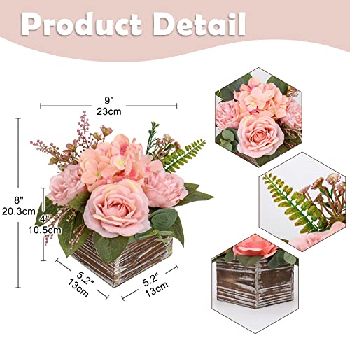 DILATATA Flower Arrangement with Wooden Vase 8" Artificial Flowers in Pot - Fake Flowers Roses Peonies Hydrangeas in Wooden Vase Potted Flower Centerpieces for Table Decor Living Room - Dusty Pink - color: 8"h Dusty Pink