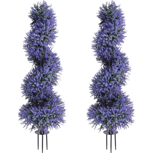 PATIO CHOICE 3ft Artificial Topiary Spiral Trees with Lavender Set of 2 High End Outdoor Faux Plants Realistic Fake Bushes Lilac Shrubs Decorations for Outdoor Front Porch Garden - color: Spiral Lavender, size: 3ft